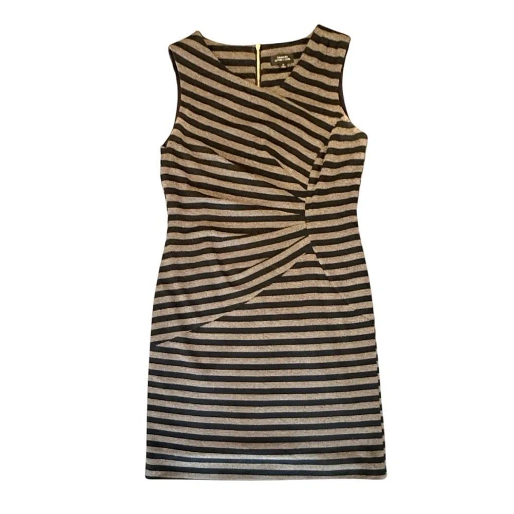 Tahari Black/Tan Asymmetrical Striped Sleeveless Shift Dress Size 12/Large $150